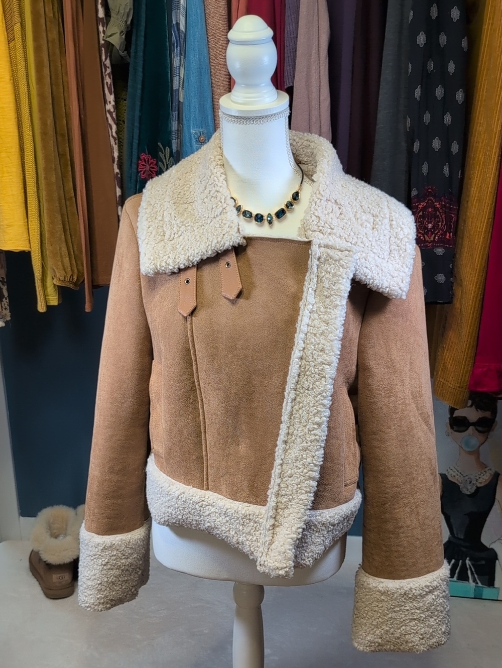 7 For All Mankind Suede Shearling Moto Jacket - Cream & Tan